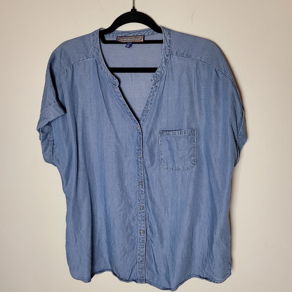 Hester & Orchid 100% Tencel Button Front V-Neck Top Blue Short Sleeve Women’s XL